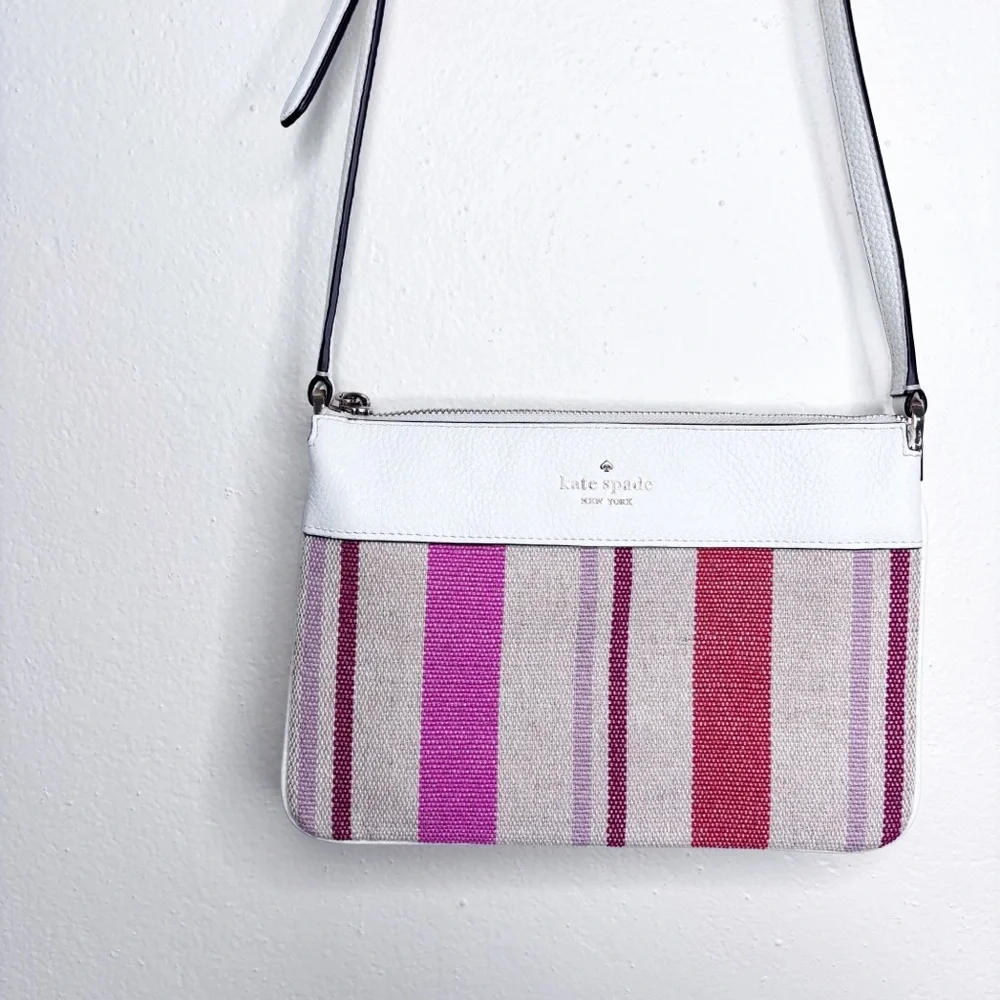 Kate Spade New York Leila Triple Gusset Crossbody Purse Striped Pink White EUC